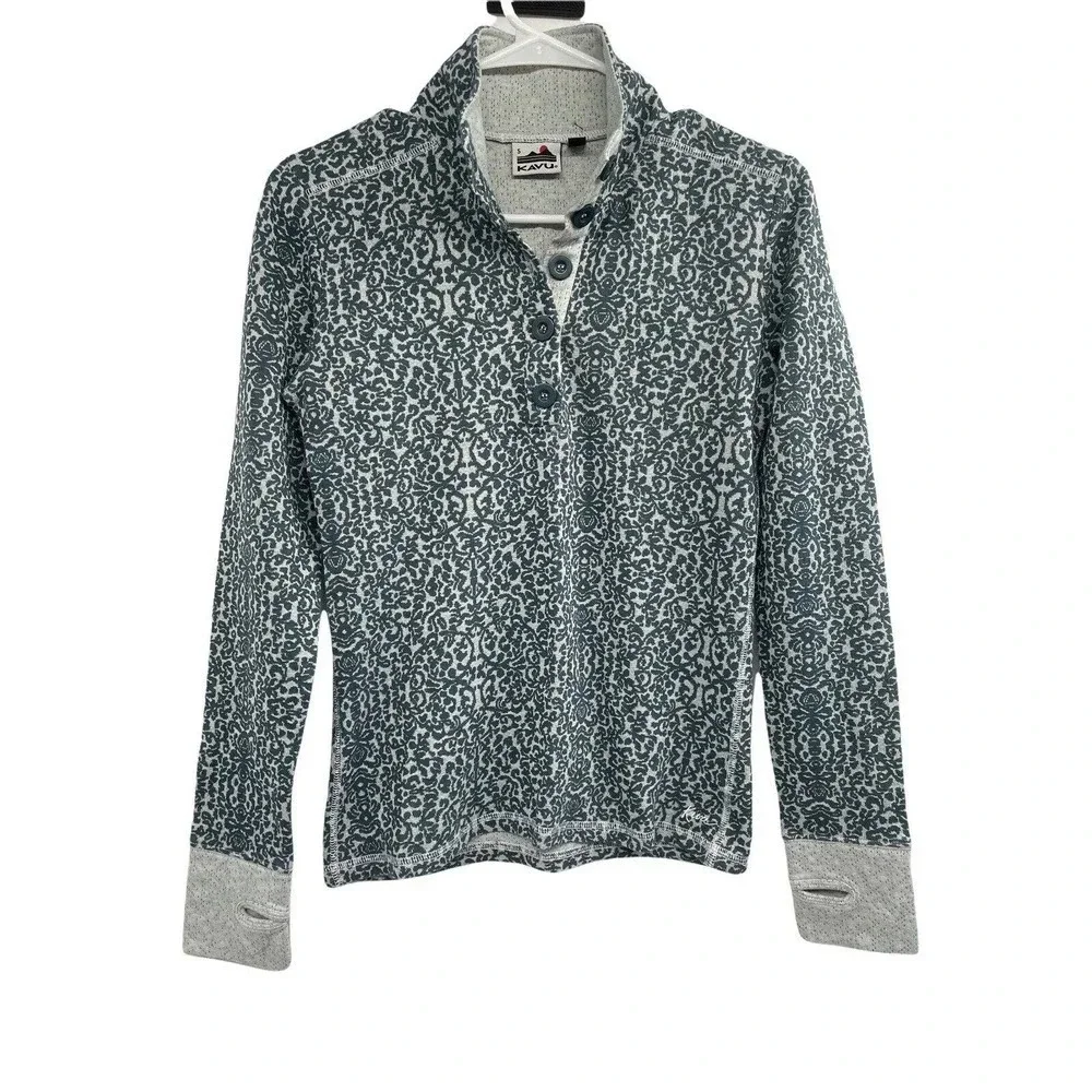 Kavu Women's Size S Lopez Long Sleeve Mock Neck Shirt Top Thumb Holes Button - Picture 4 of 11